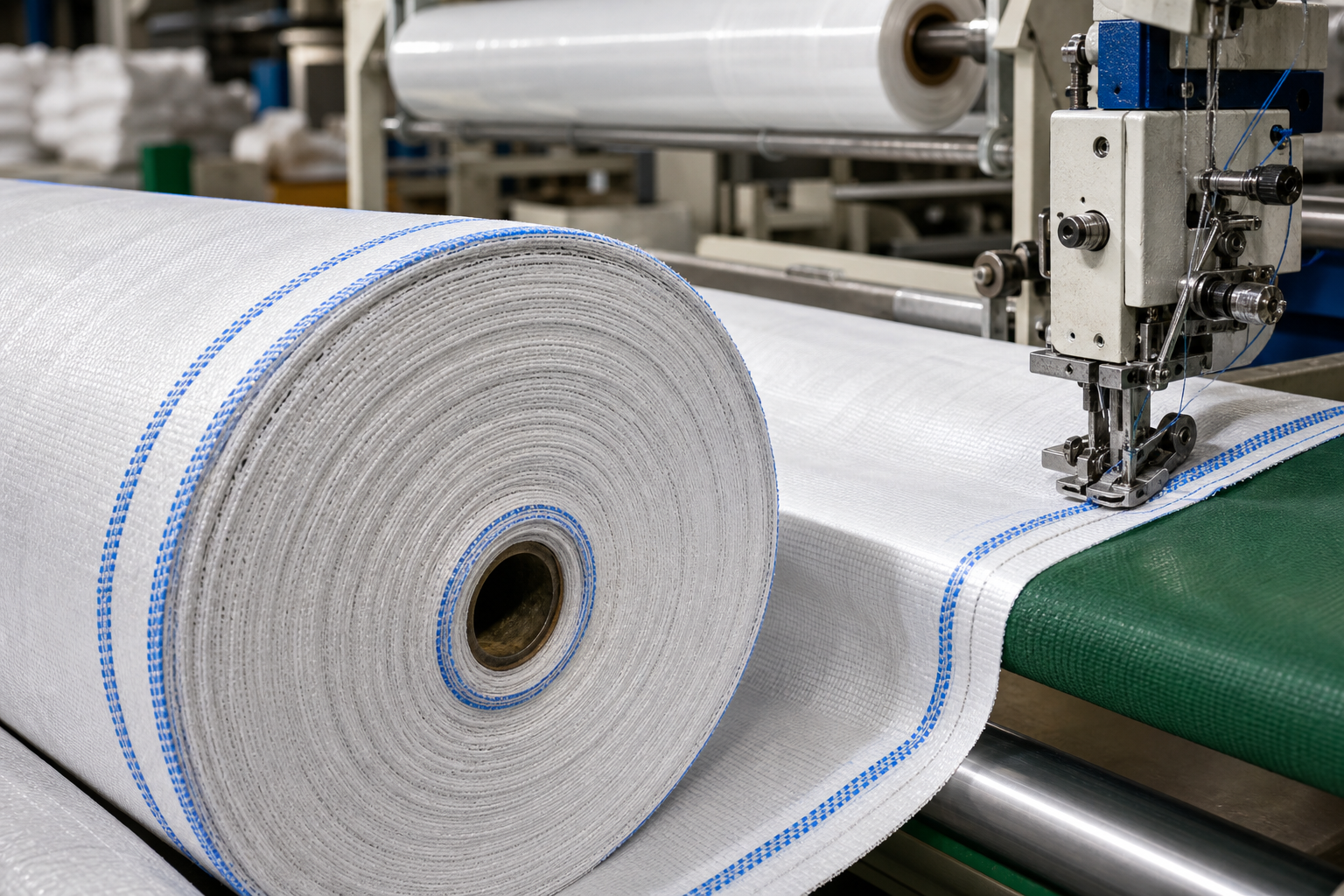 PP woven fabric roll and bag stitching production close-up