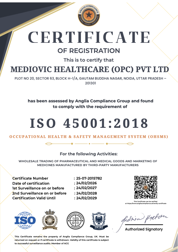 ISO 45001 certificate - Mediovic Healthcare