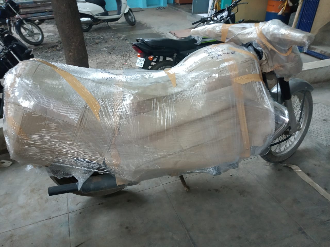 Bike packed with protective wrapping for transportation