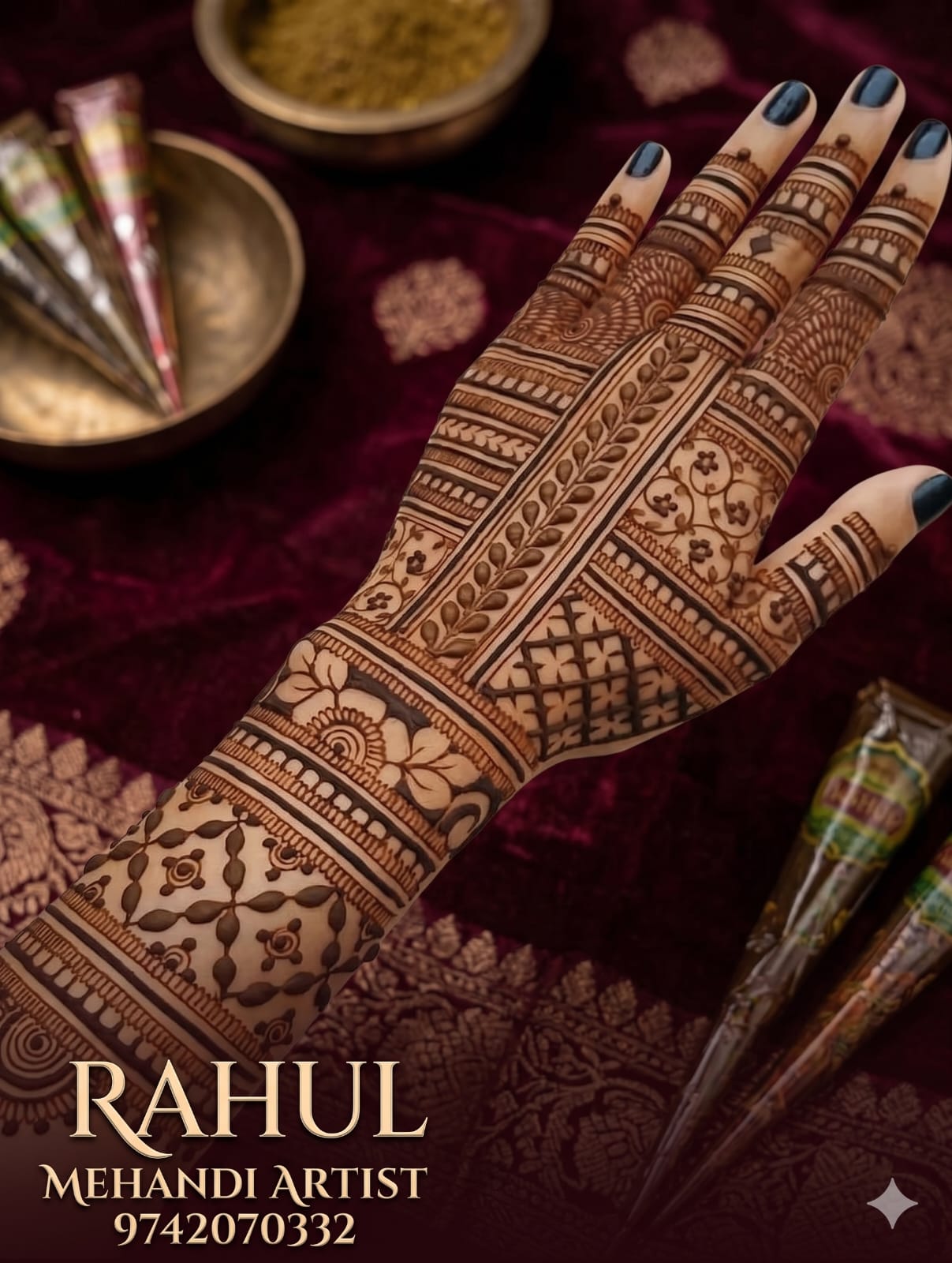 Portrait mehndi bride and groom design