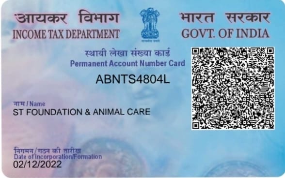 PAN card certificate for ST Foundation and Animal Care