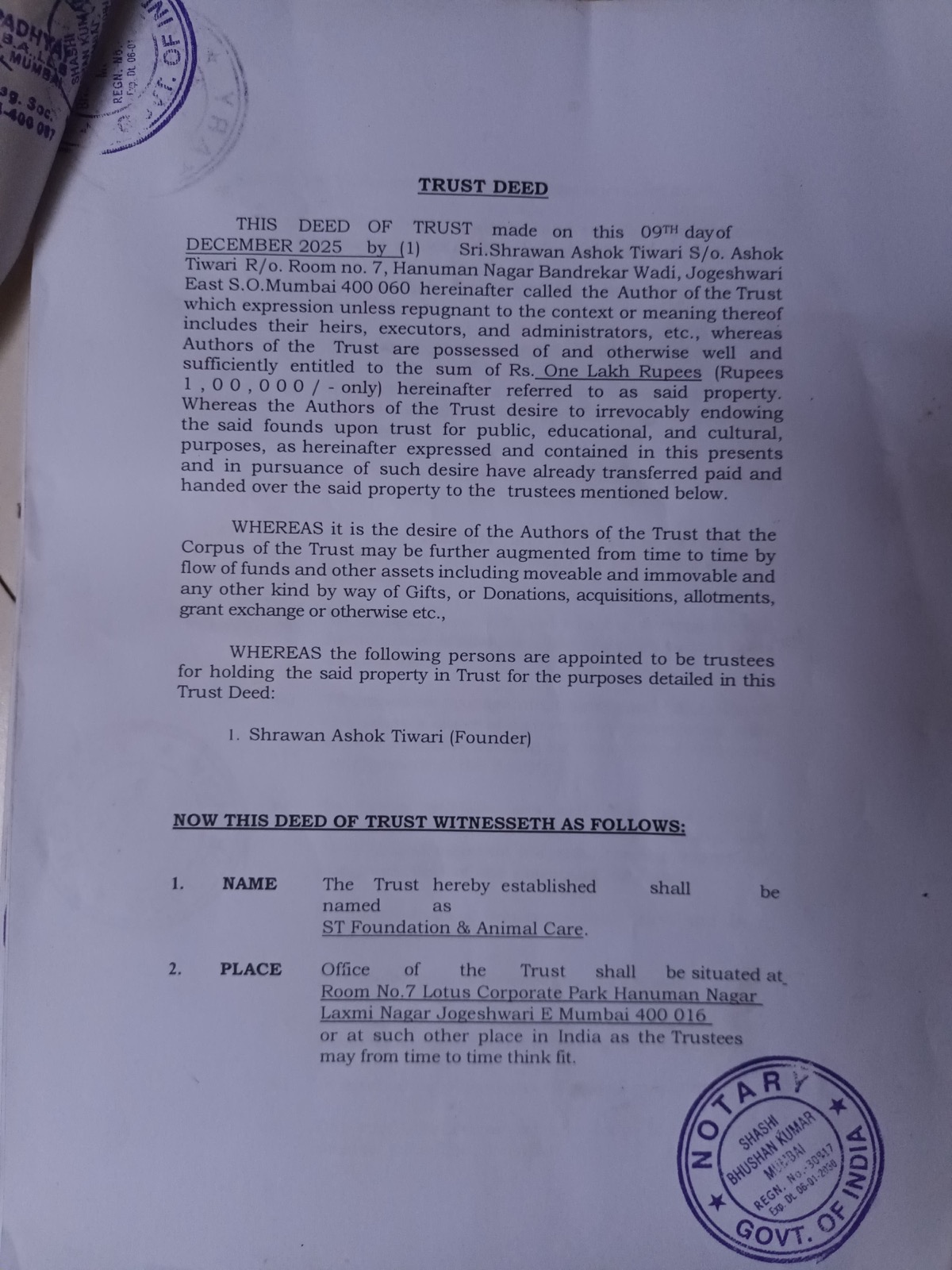 Trust deed details page for ST Foundation and Animal Care